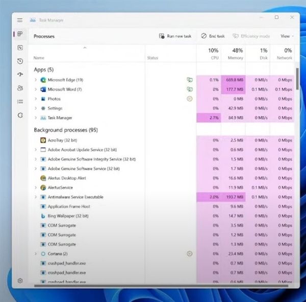 j9九游会Win11任务管理器新增效率模式：降低CPU占用、不卡顿了(图1)